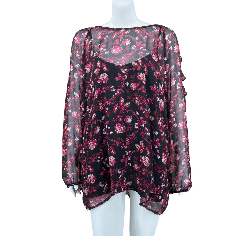 Old Navy Top Women 2XL Tall Black Pink Dark Floral Ruffle Cold Shoulder Romantic